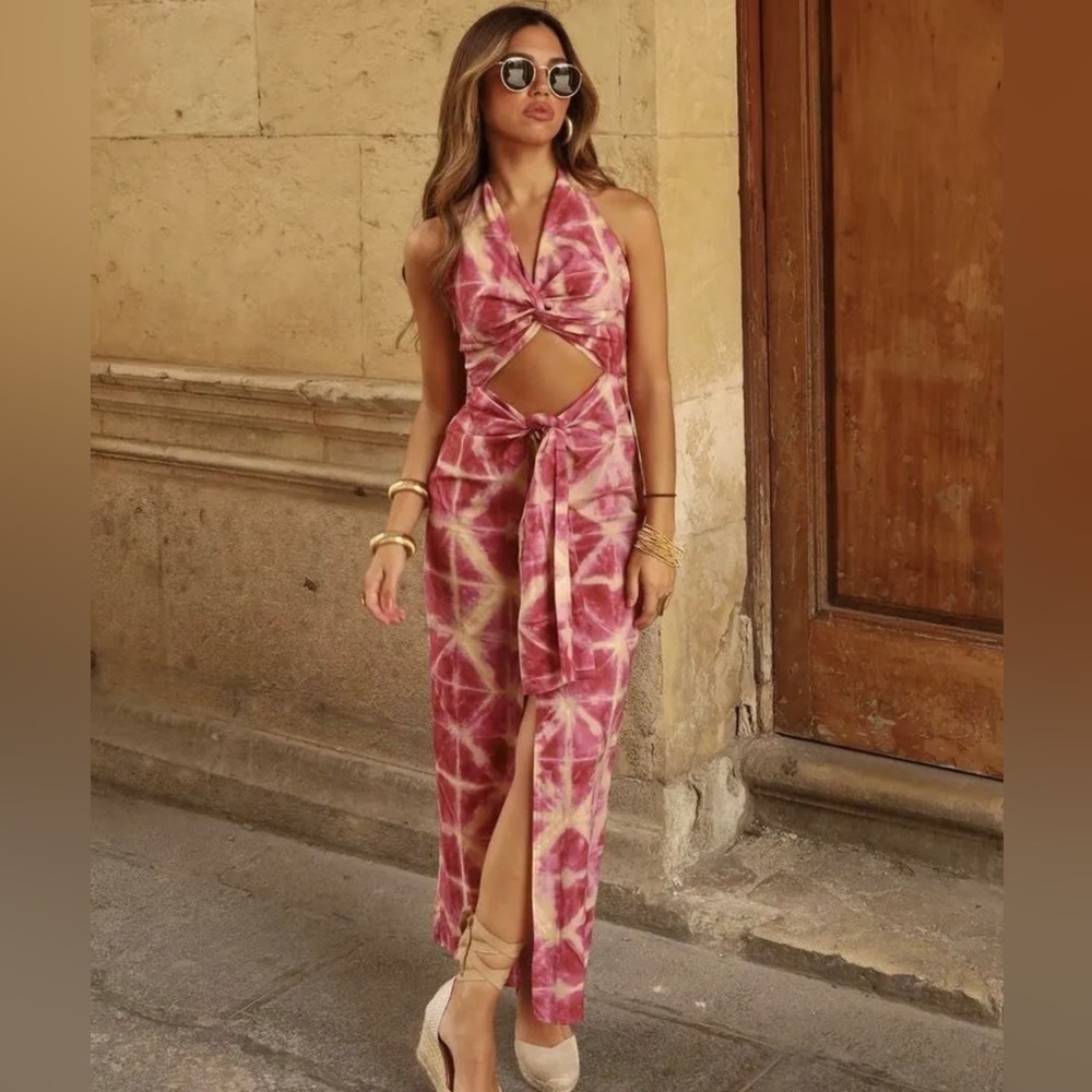 Zara pink Tie Dye knot print dress with cutouts